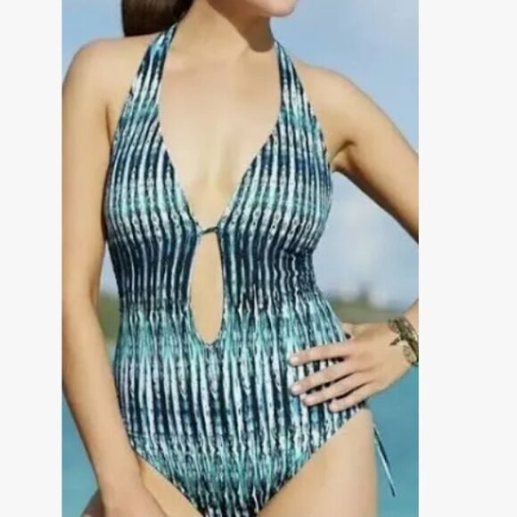 BAR III WOMEN'S PRINTED PLUNGE INDIGO LACE-UP ONE-PIECE SWIMSUIT - Picture 7 of 15